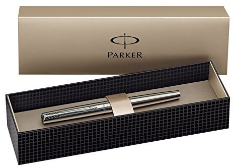 Parker S0161590 Jotter Füllfederhalter (edelstahl mit Chromeinfassung, mittlere Schreibfeder, Geschenkbox)
