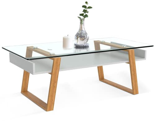 bonVIVO Couchtisch Weiß mit Glas Holz Materialmix - Beistelltisch, Sideboard, Wohnzimmertisch - Modern Minimalistisch - Stilvoller Glastisch für Wohnzimmer, Schlafzimmer, Diele
