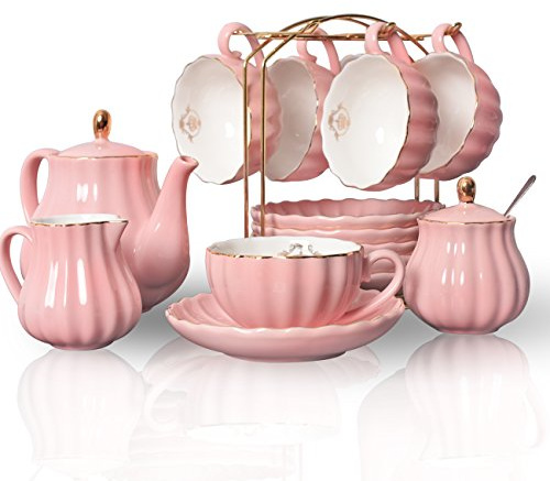 Sweejar Porcelain Tea Sets British Royal Series, 8 OZ Cups & Saucer Service for 6, with Teapot Sugar Bowl Cream Pitcher Teaspoons and Tea Strainer, Suitable for High Tea, Wedding, Party (Pink)