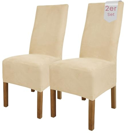 Scheffler Home Stuhlhussen Weiß-Ecru Velours 2er Set Leon – Waschbare elastische Stuhlbezüge für Esszimmerstühle, Hochlehner und Polsterstühle – Stretch Husse, Oeko-TEX Zertifiziert