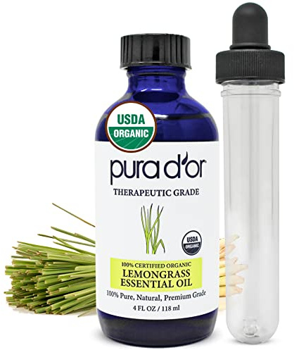 PURA D'OR Organic Lemongrass Essential Oil, 4oz, Therapeutic Grade, for Hair, Body, Skin, Aromatherapy, Relaxation, Massage, Vitality, Home, DIY Soap