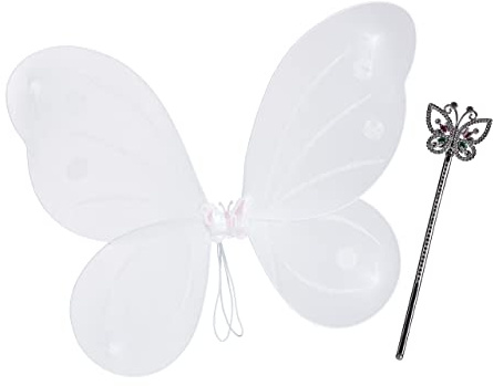 Relaxdays 5 x Feenflügel mit Zauberstab, Fee Kostüm Kinder, Flügel & Zepter, Elfen Kostüm Glitzer, Mädchen, Feenset, weiß & Silber