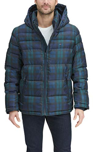 Tommy Hilfiger Hooded Puffer Jacket (Standard And Big & Tall) Cappotto Alternativo in Piuma, Nero Orologio Plaid, M Uomo
