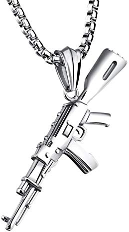 JewelryWe Schmuck Herren Halskette, Edelstahl Armee Gewehr Pistole Waffe Anhänger mit Weizenkette Gold Silber Schwarz