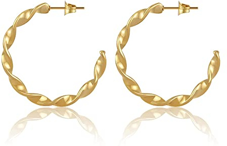 Creolen Gold für Damen I Gedrehte 18 Karat Kreolen aus Edelstahl - Wasserfest - Twisted Hoop Ohrringe in 28mm