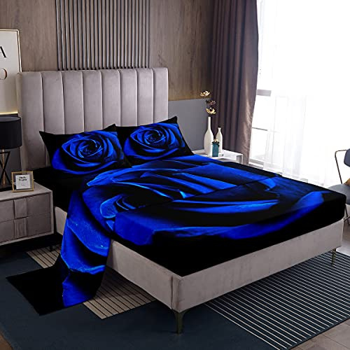 Set di lenzuola di San Valentino con stampa 3D blu rosa floreale lenzuola fiore rosa fiori set di biancheria da letto di lusso con 2 federe 4 pezzi biancheria da letto matrimoniale