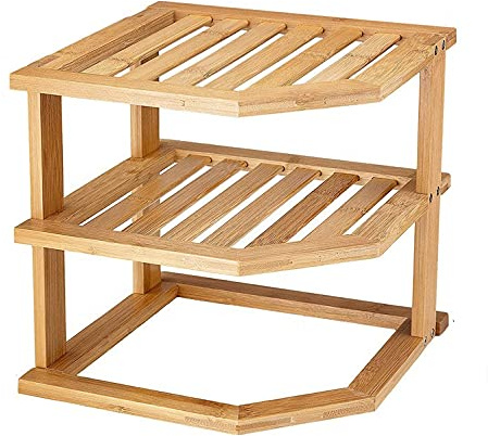 Unibos 3-Tier Bamboo Corner Plate Rack – Kitchen Cupboard Plate Organiser Stand, 25.4 × 25.4 × 24 cm