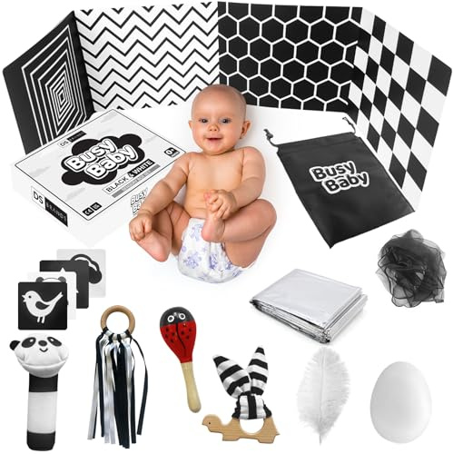 DS Brands Jouets sensoriels noirs et blancs pour bébés,Jouets sensoriels pour bébé de 0 à 6 mois avec anneau en ruban, écharpe, tableau sensoriel, couverture en aluminium,Boîte cadeau pour nouveau-né