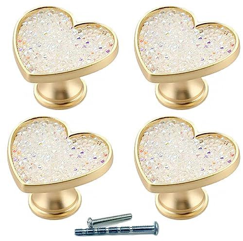 4 Stück goldene Messing-Herz-Schubladenknöpfe, weiße Kristall-Schrankknöpfe, gold-kupfer-Möbel-Schrank-Kommode-Griffe (weißer Kristall)