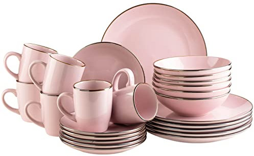 Set di stoviglie moderne per 6 persone, con bordo in ottone, servizio combinato da 24 pezzi, con forme coupe senza bordi, colore: rosa