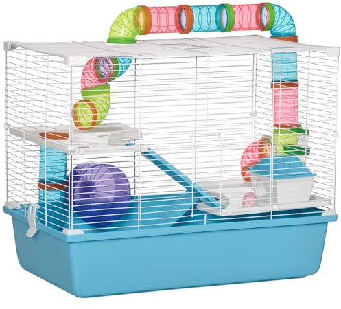 PawHut Jaula para roedores y hámsters de 3 niveles con túnel, botella de agua, ruedas, casa, escalera dim. 59L x 36A x 47Al cm