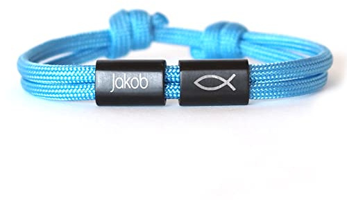 Personalisiertes Kinderarmband mit Namensgravur für Jungen & Mädchen – Kommunionsgeschenk mit Gravur aus Edelstahl & Nylon – Armband mit Fisch Symbol zur Firmung, Konfirmation, Taufe