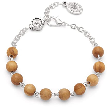 Mondo Cattolico - Pulsera rosario religiosa en cuentas de madera de olivo con la Medalla del Espíritu Santo - Ideal para regalos religiosos (Madera de Olivo - Espiritu Santo)