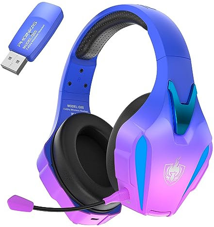 PHOINIKAS Casque Gaming, 2,4 GHz Casque Gaming sans Fil pour PS5, PS4, PC, Casque avec Micro, 7.1 Son Surround, Lumières LED, Casque Gamer pour Switch, Mac, Mobile (Violet)