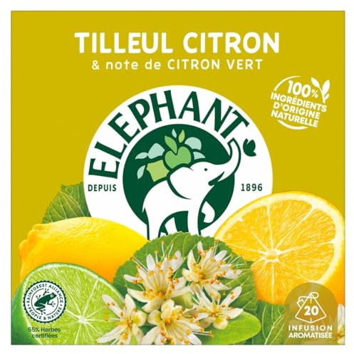 Elephant, Infuso aromatizzato, sapore di tiglio, limone e lime, certificato Rainforest Alliance, 100% di origine naturale, 20 sacchetti piramide