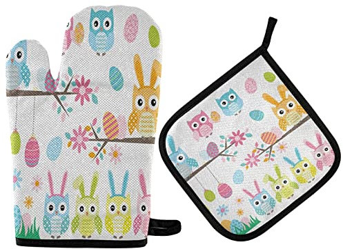Ofenhandschuhe Ostern-Eulen, Niedliche Tiere, Vögel Kochhandschuhe Waschbare Topfhandschuhe Thermoisolierung Grillhandschuhe Für BBQ Kochen Backen