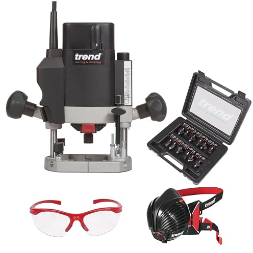Trend T5 Kit de Démarrage Ultime pour Défonceuse, T5EK/MK2/EU Défonceuse (1000W, 8mm, 230V), Set de 12 Fraises 8mm, Masque Anti-Poussière et Lunettes de Sécurité, T5/START/SET/E