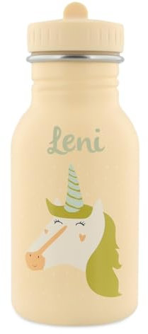 Personalisierte Kindertrinkflasche mit Namen, Trixie Einhorn-Design, 350ml Edelstahl Trinkflasche Kinder, Auslaufsicher, Kinderfreundlicher Verschluss, Optional mit Rucksack
