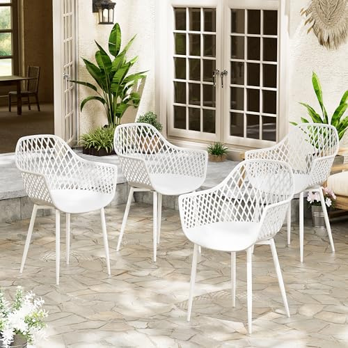 buybyroom Sillas Terraza Exterior, Pack de 4 Sillas Jardin Exterior con Reposabrazos, Patas de Metal y Respaldo de Plástico Ergonómico, para Jardín, Terraza, Balcón, Salón, Comedor, Blanco