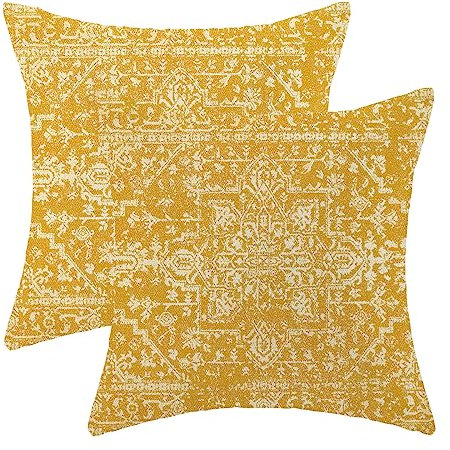 Gohdiwh Boho-Kissenbezüge, 40,6 x 40,6 cm, 2 Stück, gelber Teppichmuster, dekorative Wurfkissen, Leinen, ethnisches Design, Bauernhaus-Kissenbezüge für Sofa, Couch, Outdoor-Dekoration