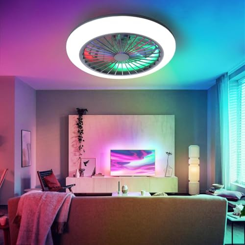 Luyaim RGB Dimmbarer LED-Deckenventilator Mit Licht Und Fernbedienung/APP, Leiser DC-Motor Sommer Winterbetrieb Reversibel Moderner Blattloses Deckenventilator Für Schlafzimmer Kinderzimmer Party