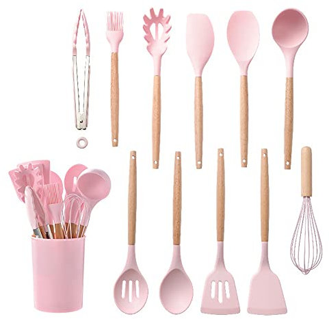 ISCBAFYX Silikon-Küchengeschirr, Kochutensilien-Set, Antihaft-Kochgeschirr, Spatel, Schaufel, Schneebesen, Holzgriff, Küche (Farbe: Rosa)