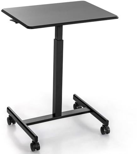 LIFEZEAL Mobiler Stehschreibtisch, Laptoptisch mit Luftdruckstange, Höhenverstellbarer Betttisch Computertisch mit 4 Rädern, Stehpult für Büro, Wohnzimmer, bis zu 80 kg (Schwarz)
