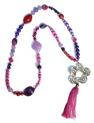 SSH-Design - lange Kette FLOWER POWER HIPPIE BOHO IBIZA PEACE - BLUME mit QUASTE - lila, violett & pink -