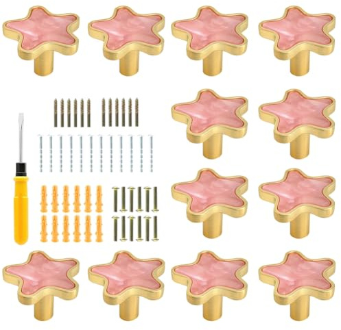 HWAQHDYL 12 pcs Star Shaped Small Dresser Knobs Cartoon Cabinet Door Knobs Cute Drawer Handle Pulls for Children Girls Bedroom Cabinets Closets Furniture Hardwar (Pink, Star)