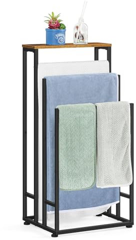 smusei Toallero de pie, toallero de 3 niveles con estante de madera, toallero de acero inoxidable para salón, baño, 40 x 30 x 82 cm, marrón vintage