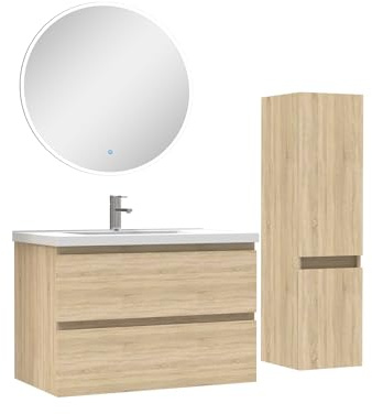 AICA Ensemble Meubles Salle de Bain 80cm Vasque + Colonne + Miroir Rond Lumineux Chêne Wotan