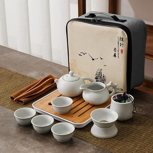 FBHDKJNFG Juegos de Té de Porcelana, Juegos de Té de Viaje, Juego de té de Kung Fu Bandeja de té Juego Completo de Paquete de Almacenamiento portátil Tetera Taza de té Juego de té(White)