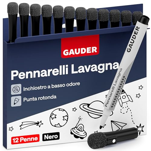 GAUDER Set de Marqueurs Tableau Blanc (12 pièces – noir) | Feutres Tableau Blanc | Effaçable à sec et sans résidus | Marqueurs Effaçables avec éponge, idéal pour tableaux blancs