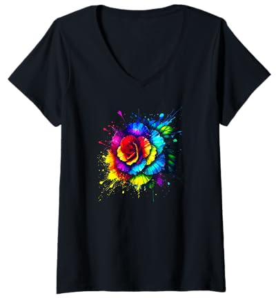 Donna Colorato Splash Art Fiori di Begonia Maglietta con Collo a V