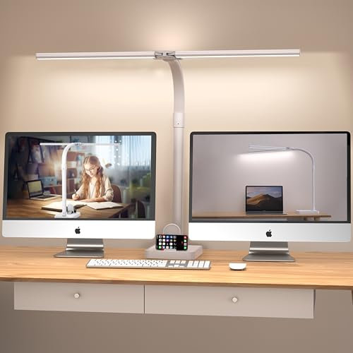 LOTTBUTY Lampe de bureau LED à double tête à intensité variable, 24 W 80 cm, lampe lumière du jour, lampe de bureau, col de cygne (blanc, base de bureau avec support pour téléphone portable)