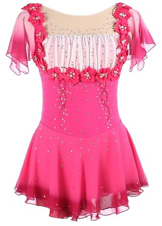 Kmarouse Eiskunstlaufkleid, Handgefertigt, for Mädchen, Blumen, Ballett-Tutu, Tanzbekleidung, Wettbewerb, Eislaufbekleidung(Rosa,XS)