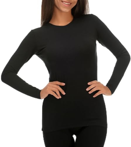 Damen Thermo-Tops, Rundhalsausschnitt, langärmelig, Baselayer, weiche Damenunterwäsche, Schwarz , S