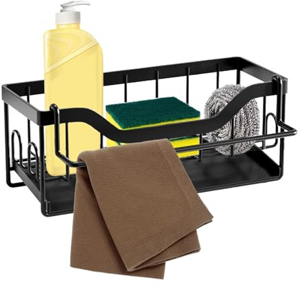 Eidoct Kitchen Sink Caddy Organiser, Black Metal Tidy Sponge Holder | Sponge Drainage Rack, Steel Sink Storage Rack, with Draining Tray Dishcloth Hanger, for Kitchen and Bathroom