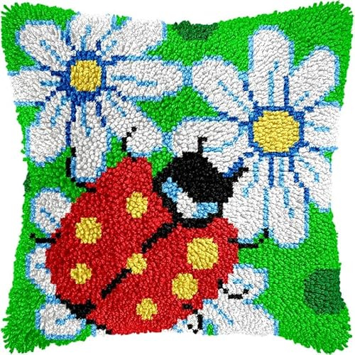 Kit de coussin à crochet à faire soi-même pour adultes - Motif fleurs et coccinelle - Taie d'oreiller imprimée - Fils au crochet - Fait à la main - Décoration de canapé - 43,2 x 43,2 cm (H1)