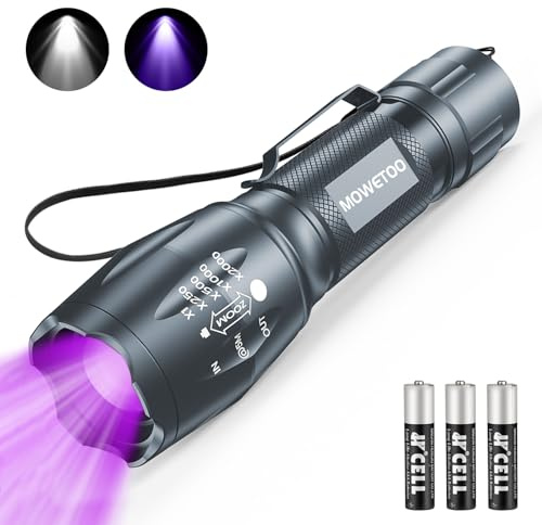 MOWETOO Linterna, lámpara UV 2 en 1, lámpara de luz negra, 395nm, ultravioleta de 4 modos, detector de billetes falsos, orina de perros y otras mascotas, detector de orina, 3 pilas AAA, 40 W