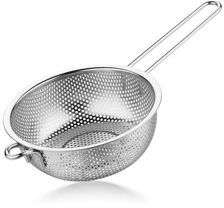 STL Steel Colander with Long Handles and Deep Base Micro-Perforated Strainer for Draining Pasta, Rice, Vegetables & Fruits, Dishwasher Safe Kitchen Metal Food Filter, Easy to Clean and Durable