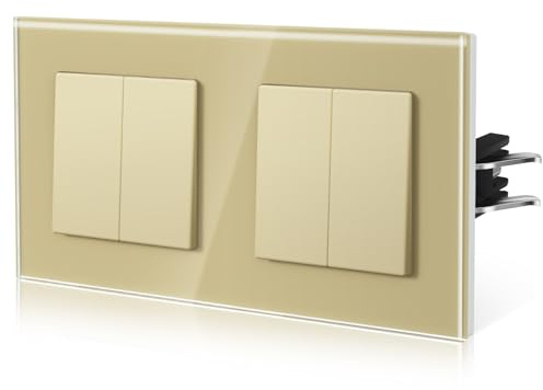 BSEED Lichtschalter Unterputz aus Glas,Normaler-Taste Schalter,Wechselschalter mit Krallen,Einfach Montage,10 Amp 250 V,NEU E-Serie,Doppelt 2 Fach 1 Weg,157mm Gold
