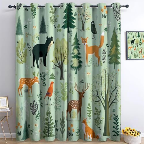 Generisch Gardinen Schlafzimmer H183 x B117 cm Thermovorhang Verdunkelungsvorhang Hellgrün Modern Polyester Vorhänge 3D Cartoon Waldtiere Bär Hirsch Fuchs Blickdicht Ösenvorhang 2Er Set