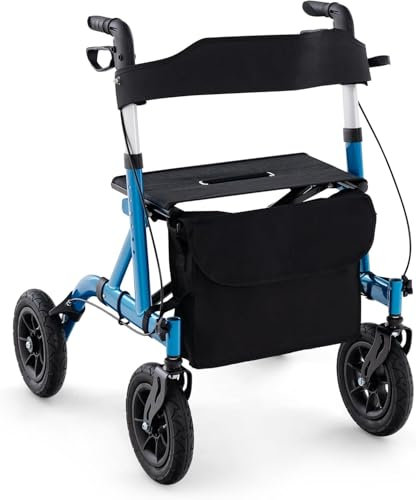 FANTASK Rollator mit Sitz für Senioren, Rollatoren Aluminium 6-fach höhenverstellbar, faltbar und leichtgewicht Laufhilfe mit Luftbereifung, 2 in 1 Rollstuhl & Reiserollator bis 160kg (Blau)