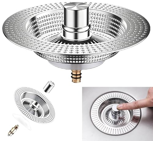 3 in 1 Kitchen Sink Plug and Strainer Combo, Kitchen Sink Strainer Stopper Pop-Up Sink Plug Replacement, Upgraded Stainless Steel Anti-Clogging Sink Strainer Plug for 84-85mm Sink Drain
