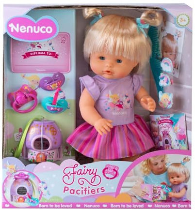 Nenuco Ciuccio Fatati, Bambola Bebè 35 cm con Capelli Biondi e Corpo Duro, Aiuta a Cambiare Fase dando i Ciucci alle Fate, Include 3 Ciucci e Accessori, +3 Anni, Famosa (NFNB4000)