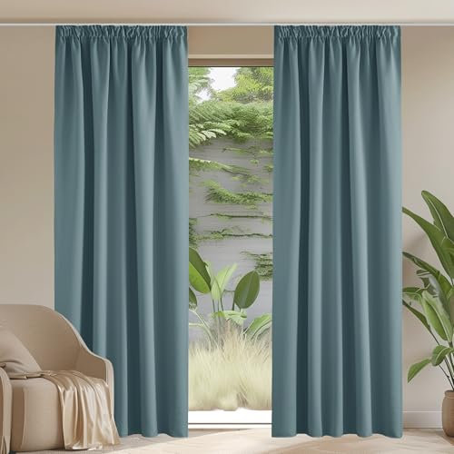 PONY DANCE 2er Set Blickdichte Gardinen mit Kräuselband für Schiene H 245 x B 140 cm Arktisches Blau, Wohnzimmer Vorhang Verdunkelung Thermogardinen Kälteschutz Thermal Curtains