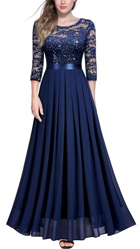 MIUSOL Women's Retro Floral Lace 3/4 Sleeve Wedding Bridesmaid Maxi Dress (X-Large, Sequin Version - Navy Blue)