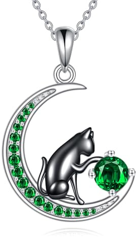 YAFEINI Halsband med svart katt, sterlingsilver, födelsestenshalsband, kattsmycke för kvinnor, Medium, Sterlingsilver, Ingen ädelsten