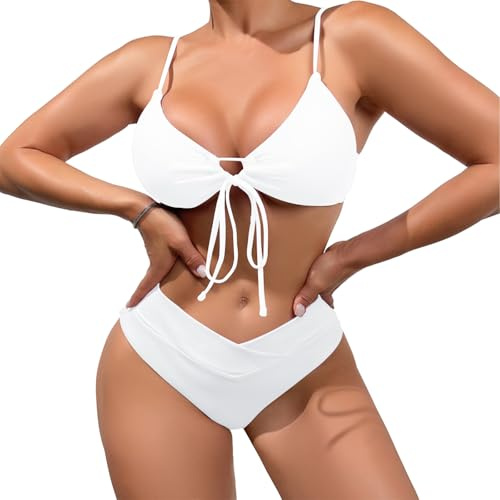 meioro Bikiniset för kvinnor, triangelskuren baddräkt, v-ringad tvådelad badmode, låg midja, underdel, baddräkt, sexig dragsko, knut, baddräkt, baddräkter för kvinnor, Vit, XL